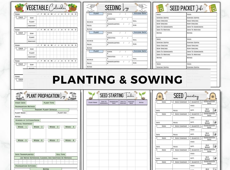 May include: Printable gardening planner with sections for vegetable calendar, seed packet info, seed starting tracker, plant propagation log, and seed inventory. The planner has a green and white colour scheme with illustrations of plants and gardening tools.