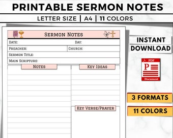 Printable Sermon Notes Journal, Church Devotion Planner (Digital Download)