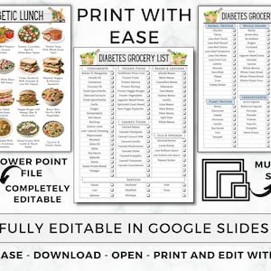 May include: A printable grocery list for people with diabetes. The list is divided into categories such as animal protein, whole grains, snacks, plant protein, carbohydrates, and beverages. The list is designed to help people with diabetes make healthy food choices.