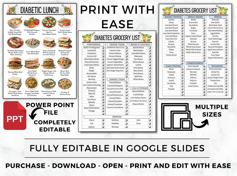 May include: A printable grocery list for people with diabetes. The list is divided into categories such as animal protein, whole grains, snacks, plant protein, carbohydrates, and beverages. The list is designed to help people with diabetes make healthy food choices.