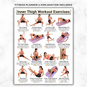 Op de afbeelding: Een fitnessplanner met de titel "Inner Thigh Workout Exercises" toont geïllustreerde oefeningen met instructies. Oefeningen zijn onder meer Sumo Squat, Cossack Squat, Curtsy Lunge, Wide Bridge Lift en meer. De planner bevat de tekst "Fitness Planner & Explanation Included."