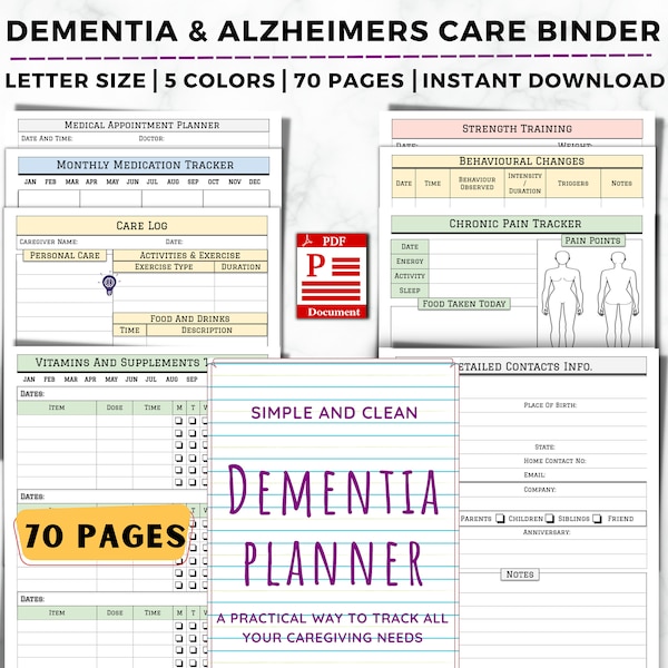 Dementia Care Planner, Printable Alzheimer's Caregiver Binder, Elderly Care Journal, Senior Care Template, Nursing Home Care Sheets