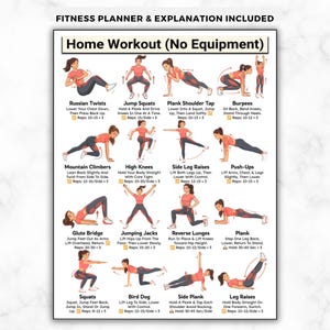 Rutina de ejercicios en casa imprimible, ejercicios con peso corporal sin equipo, entrenamiento de cuerpo completo, tabla de ejercicios de calistenia, póster de pared para gimnasio en casa en formato PDF.