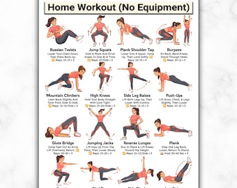 Home Workout Printable, No Equipment Bodyweight Exercises, Full Body Training, Calisthenics Fitness Exercise Chart, Home Gym Wall Poster PDF