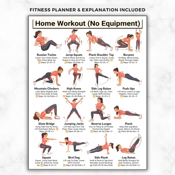 Home Workout Printable, No Equipment Bodyweight Exercises, Full Body Training, Calisthenics Fitness Exercise Chart, Home Gym Wall Poster PDF