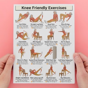May include: A white poster titled "Knee Friendly Exercises" displays illustrated exercises for knee health. The exercises include Heel Slides, Straight Leg Raise, Quad Sets, Glute Bridge, Clamshells, Mini Squats, and more. The poster is held by hands against a pink background.