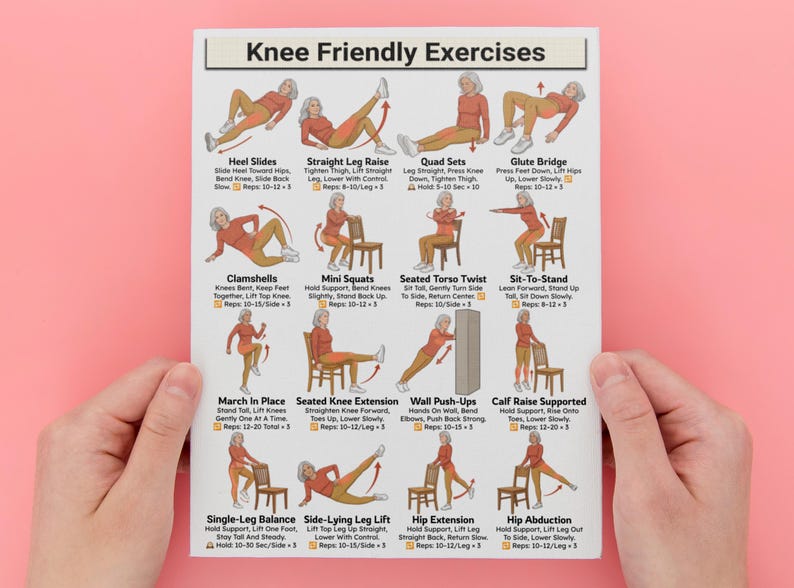 May include: A white poster titled "Knee Friendly Exercises" displays illustrated exercises for knee health. The exercises include Heel Slides, Straight Leg Raise, Quad Sets, Glute Bridge, Clamshells, Mini Squats, and more. The poster is held by hands against a pink background.
