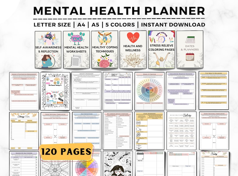 May include: A printable mental health planner with 120 pages. The planner includes sections for self-awareness, mental health worksheets, healthy coping techniques, health and wellness, stress relief coloring pages, and dates and planners. The planner is available in letter size, A4, and A5, and comes in five colors.