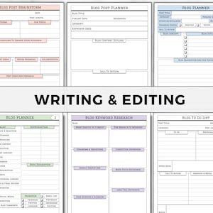 May include: A printable planner for bloggers, with sections for brainstorming, planning, keyword research, writing, editing, and promoting blog posts. The planner includes checklists, tables, and prompts to help bloggers organize their content and track their progress.