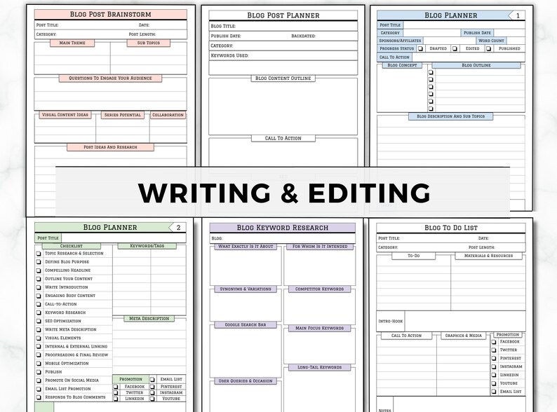 May include: A printable planner for bloggers, with sections for brainstorming, planning, keyword research, writing, editing, and promoting blog posts. The planner includes checklists, tables, and prompts to help bloggers organize their content and track their progress.