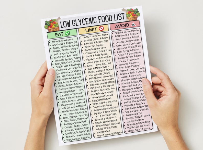 Voedselkaart glycemische index, boodschappenlijst insulineresistentie en PCOS, diabetische voedseltracker met lage GI, patiëntenvoorlichting, laag glycemisch dieet pdf afbeelding 4