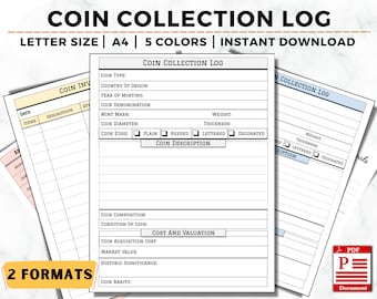 Colección de monedas imprimible, libro de registro de inventario de monedas para coleccionistas de monedas, plantilla de colección de monedas, mantenimiento de registros de recolección de monedas