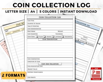Coin Collection Log Book, Coin Inventory Template (Printable PDF)