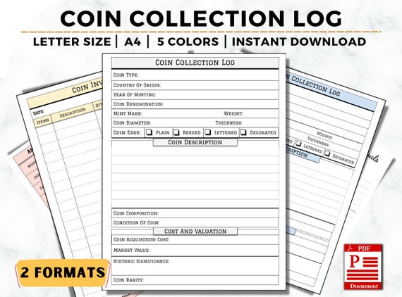 Coin Collection Log Book, Coin Inventory Template (Printable PDF)