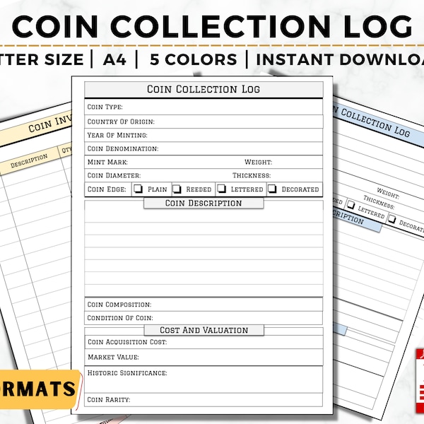 Coin Collection Printable, Coin Inventory Log Book For Coin Collectors, Coin Collection Template, Coin Collecting Record Keeping