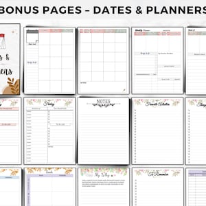 May include: A collection of planner pages with various layouts, including weekly, daily, and notes sections. The pages feature floral accents and are designed for organizing dates, tasks, and goals. The title "Bonus Pages - Dates & Planners" is at the top.