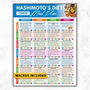 Könnte beinhalten: Ein farbenfroher Speiseplan mit dem Titel "Hashimoto's Diet" mit einem 7-Tage-Speiseplan. Der Plan umfasst Optionen für Frühstück, Mittagessen, Abendessen und Snacks. Der Text "Macros Included" befindet sich unten.