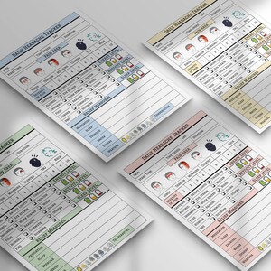 May include: Four printable daily headache tracker sheets with a green, blue, pink, and white background. Each sheet has a section for recording the date, start time, pain area, duration, severity of pain, triggers, relief measures, energy level, activity level, and sleep level.