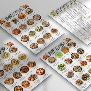 May include: Four printed sheets with the words "Diabetic Dinner" and "Diabetes Grocery List". The sheets display colorful illustrations of various dishes, including chicken, pasta, and vegetables. The grocery list has check boxes.