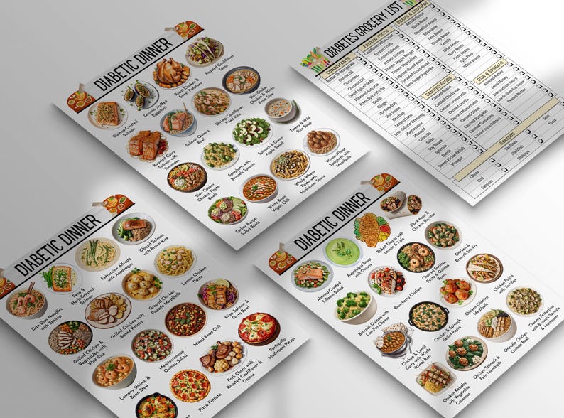 May include: Four printed sheets with the words "Diabetic Dinner" and "Diabetes Grocery List". The sheets display colorful illustrations of various dishes, including chicken, pasta, and vegetables. The grocery list has check boxes.