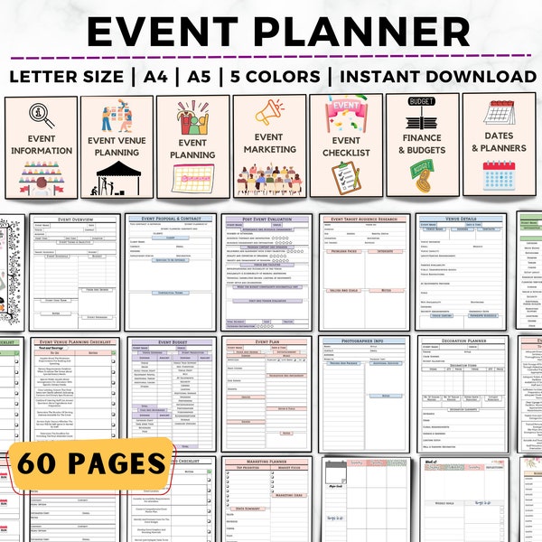 Event Planner Printable, Event Planning Checklist, Party Planner, Venue Comparison, Event Budget, Event Menu, Guest List, Event Worksheet