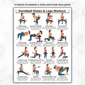 Może przedstawiać: Plan fitness z tytułem "Dumbbell Glutes & Legs Workout" przedstawia ilustrowane ćwiczenia, w tym przysiady i wykroki. Każde ćwiczenie ma instrukcje i liczbę powtórzeń. Plan przeznaczony jest do treningów w domu.