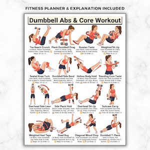 May include: A fitness planner with illustrations of dumbbell exercises for abs and core workouts. The exercises include Toe Reach Crunch, Plank Dumbbell Drag, Russian Twist, Weighted Sit-Up, Seated Knee Tuck, Dumbbell Side Bend, and more. Text at the top reads "Fitness Planner & Explanation Included."