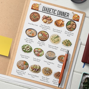 May include: A printable chart with photos of 15 different diabetic dinner recipes. The chart is titled "Diabetic Dinner" and includes recipes like "Mixed Bean Chili", "Slow Cooker Chicken & White Bean Stew", "Grilled Chicken & Vegetables with Wild Rice", and "Whole Wheat Pasta with Mushroom Sauce".