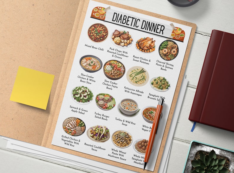 May include: A printable chart with photos of 15 different diabetic dinner recipes. The chart is titled "Diabetic Dinner" and includes recipes like "Mixed Bean Chili", "Slow Cooker Chicken & White Bean Stew", "Grilled Chicken & Vegetables with Wild Rice", and "Whole Wheat Pasta with Mushroom Sauce".