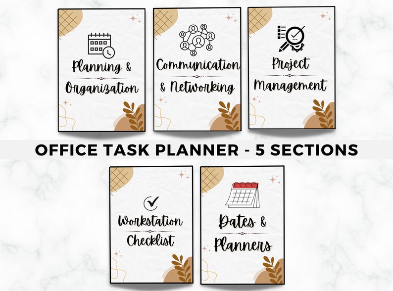Peut inclure: Cinq pages de planificateur de t&acirc;ches imprimables avec des formes abstraites et des ic&ocirc;nes brunes et blanches. Les pages sont intitul&eacute;es "Planification et organisation", "Communication et r&eacute;seautage", "Gestion de projet", "Liste de contr&ocirc;le du poste de travail" et "Dates et planificateurs".
