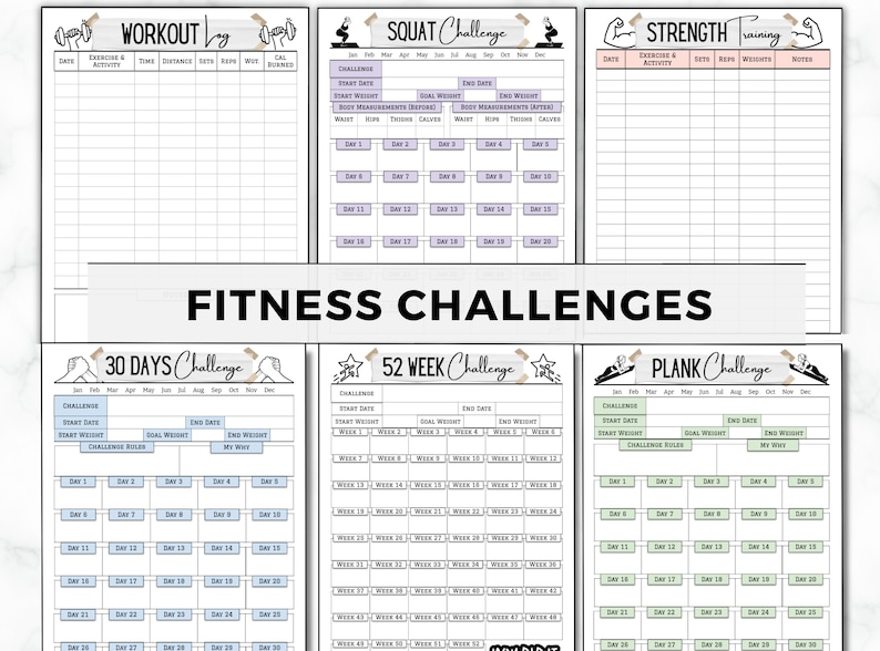 May include: A printable fitness challenge tracker with four different challenges: 30 days, 52 weeks, squat, and plank. Each challenge has a calendar grid with spaces to track progress and a section for recording start and end dates, weights, and goals.