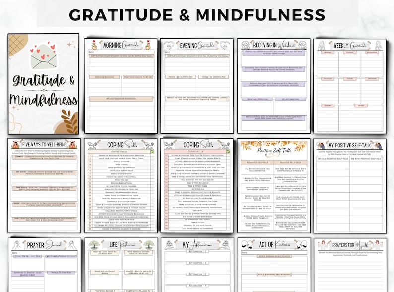 Puede incluir: Un diario imprimible de gratitud y atenci&oacute;n plena con secciones para la gratitud de la ma&ntilde;ana y la noche, recibir en todas las &aacute;reas de la vida, gratitud semanal, cinco formas de bienestar, habilidades para afrontar, autoconversaci&oacute;n positiva, diario de oraci&oacute;n, reflexiones sobre la vida, afirmaciones, actos de bondad y oraciones para m&iacute; mismo.