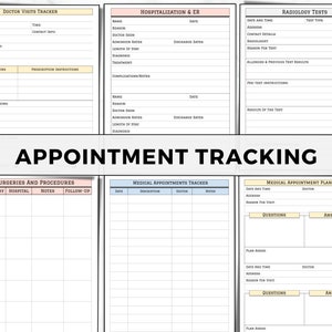 May include: A printable set of medical appointment trackers and planners. The trackers include sections for doctor visits, hospitalizations, surgeries, and radiology tests. The planners include sections for medical appointments and questions and answers.