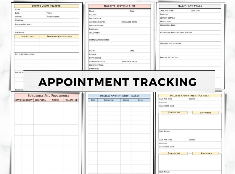 May include: A printable set of medical appointment trackers and planners. The trackers include sections for doctor visits, hospitalizations, surgeries, and radiology tests. The planners include sections for medical appointments and questions and answers.