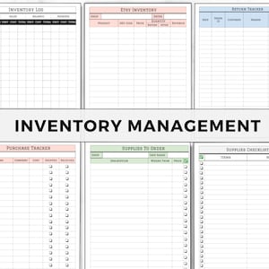 May include: A printable inventory management worksheet with sections for inventory log, Etsy inventory, purchase tracker, supplies to order, and supplies checklist. The worksheet is designed to help small business owners keep track of their inventory and supplies.