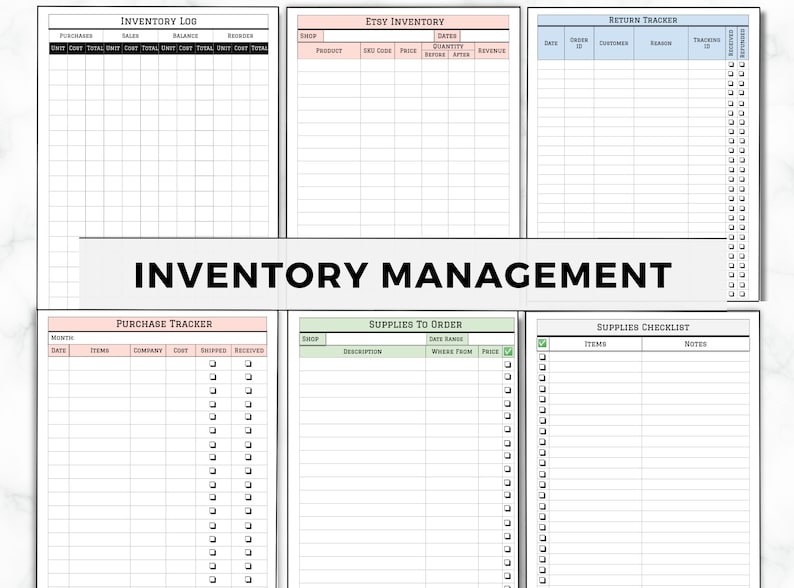 May include: A printable inventory management worksheet with sections for inventory log, Etsy inventory, purchase tracker, supplies to order, and supplies checklist. The worksheet is designed to help small business owners keep track of their inventory and supplies.