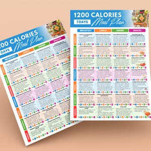 Puede incluir: Dos coloridas tablas de plan de comidas de 1200 calor&iacute;as y 7 d&iacute;as. Las tablas tienen un encabezado azul con el texto "1200 Calories Meal Plan" y una cuadr&iacute;cula colorida con opciones de comidas.