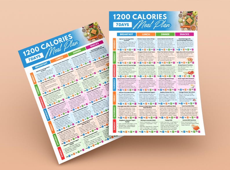 Puede incluir: Dos coloridas tablas de plan de comidas de 1200 calor&iacute;as y 7 d&iacute;as. Las tablas tienen un encabezado azul con el texto "1200 Calories Meal Plan" y una cuadr&iacute;cula colorida con opciones de comidas.