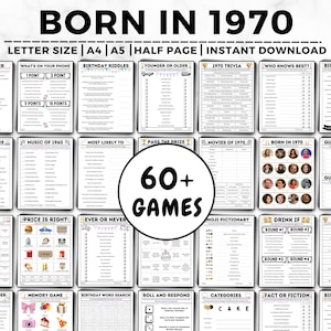 May include: A printable set of 60+ party games for a 1970s themed birthday party. The games include "Have You Ever", "What's On Your Phone", "Birthday Riddles", "Younger or Older", "1970 Trivia", "Who Knows Best", "Birthday Wishes", "Name the Cake", "Music of 1960", "Most Likely To", "Pass the Prize", "Movies of 1970", "Born in 1970", "Guess Their Ages", "Charades", "Price is Right", "Ever or Never", "Emoji Pictionary", "Drink If", "70's Feud", "Selfie Scavenger Hunt", "Memory Game", "Birthday Word Search", "Roll and Respond", "Categories", "Fact or Fiction", and "Birthday Wishes".