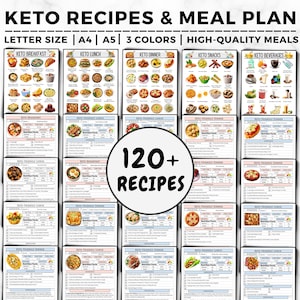 K&ouml;nnte beinhalten: Eine Sammlung von Keto-Rezepten und Essenspl&auml;nen. Die Karten sind nach Mahlzeiten kategorisiert, einschlie&szlig;lich Fr&uuml;hst&uuml;ck, Mittagessen, Abendessen, Snacks und Getr&auml;nke. Erh&auml;ltlich in Letter-, A4- und A5-Gr&ouml;&szlig;en mit 3 Farboptionen. Der Text "120+ REZEPTE" ist enthalten.