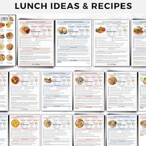 May include: A collection of printable recipe cards titled LUNCH IDEAS & RECIPES, featuring a variety of high-protein meal options. Each card includes a color photograph of the dish, a nutrition facts table, a list of ingredients, and step-by-step instructions for preparation.