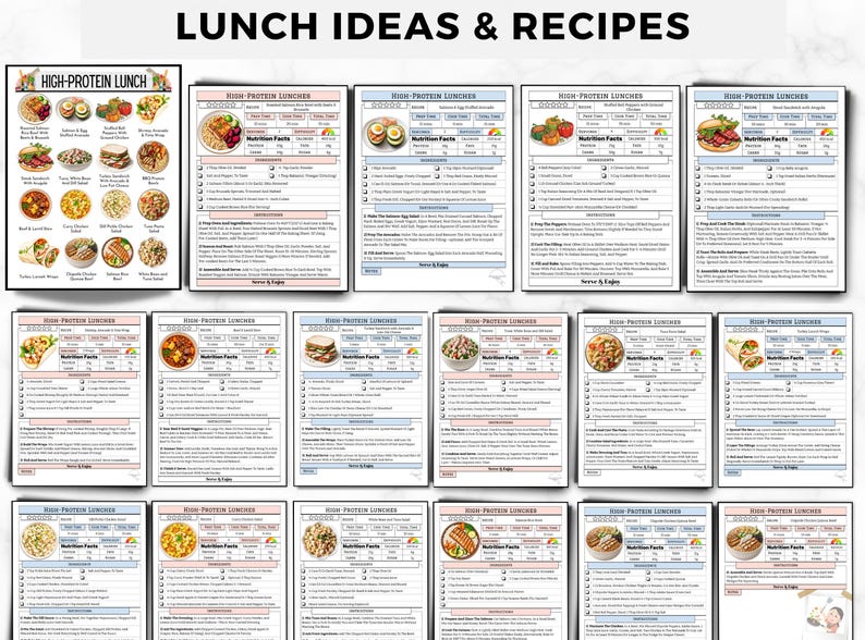 May include: A collection of printable recipe cards titled LUNCH IDEAS & RECIPES, featuring a variety of high-protein meal options. Each card includes a color photograph of the dish, a nutrition facts table, a list of ingredients, and step-by-step instructions for preparation.