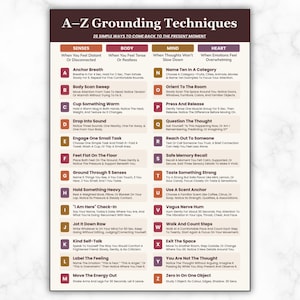 May include: A rectangular educational poster titled A-Z Grounding Techniques, 26 simple ways to come back to the present moment. The chart is organized into four columns labeled Senses, Body, Mind, and Heart, each containing alphabetical grounding exercises.