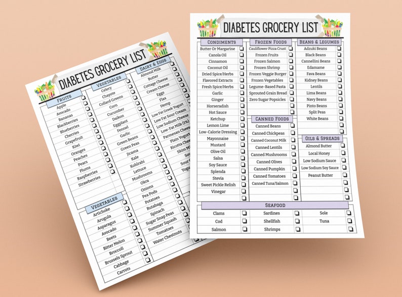May include: A printable grocery list for people with diabetes. The list is divided into categories such as fruits, vegetables, dairy and eggs, condiments, frozen foods, canned foods, beans and legumes, oils and spreads, and seafood. Each category has a list of items with checkboxes next to them.
