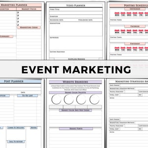 May include: A detailed event marketing planner with sections for marketing, video, and post planning. Includes areas for scheduling, website branding, and marketing strategies analysis. The planner is designed with a clean, organized layout.
