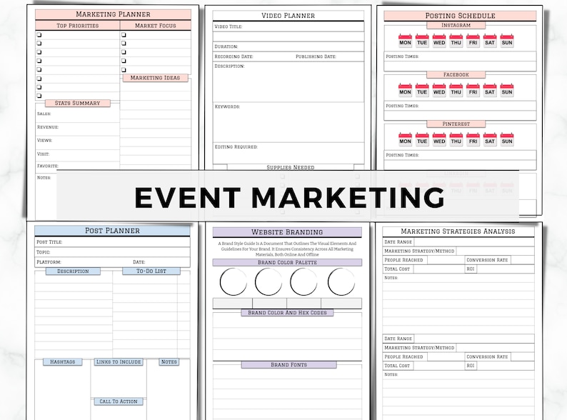 May include: A detailed event marketing planner with sections for marketing, video, and post planning. Includes areas for scheduling, website branding, and marketing strategies analysis. The planner is designed with a clean, organized layout.