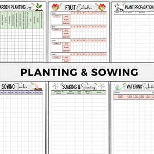 May include: Printable gardening planner with sections for garden planting, fruit calendar, plant propagation, sowing tracker, soaking and sprouting, and watering schedule. The planner has a light green, pink, and white colour scheme.