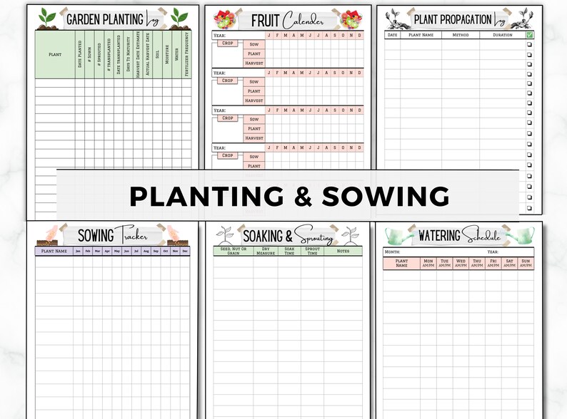 May include: Printable gardening planner with sections for garden planting, fruit calendar, plant propagation, sowing tracker, soaking and sprouting, and watering schedule. The planner has a light green, pink, and white colour scheme.