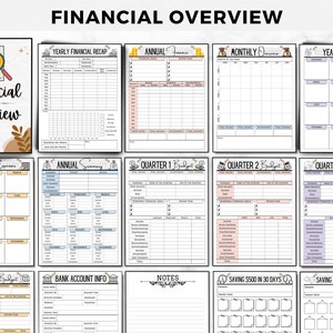May include: A printable financial overview planner with sections for yearly financial recap, annual income and expenses, monthly overview, yearly income, upcoming expenses, annual summary, quarterly budgets, bank account information, notes, and saving goals.