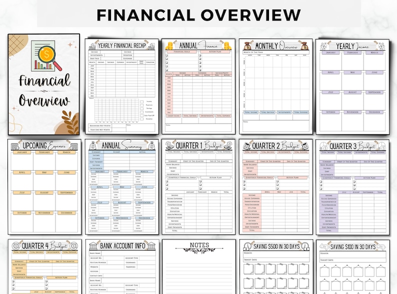 May include: A printable financial overview planner with sections for yearly financial recap, annual income and expenses, monthly overview, yearly income, upcoming expenses, annual summary, quarterly budgets, bank account information, notes, and saving goals.